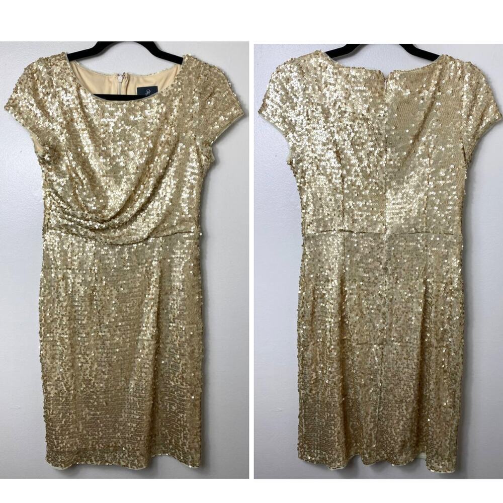 ADRIANNA PAPELL DRESS 4 GOLD COCKTAIL PARTY SEQUINS SHORT SLEEVE MINI